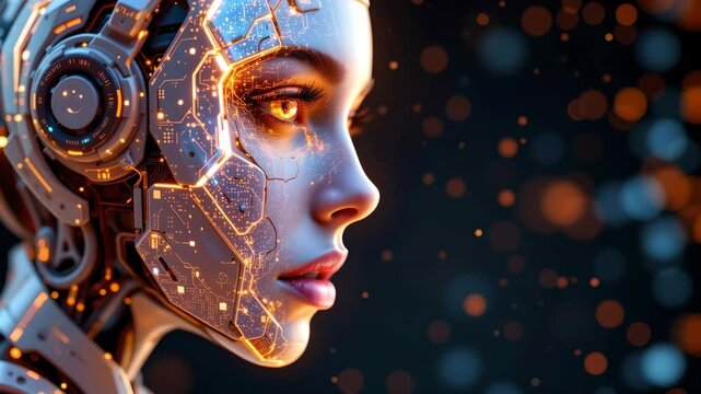 Woman's face with futuristic head and circuitry design illustrating advanced technology concept