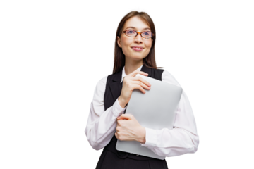Confident professional holding a laptop with a warm smile while dressed in formal attire