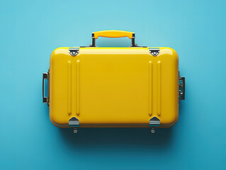 Bright Yellow Suitcase on Blue Background