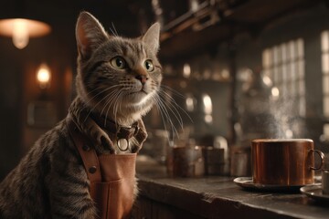A charming tabby cat barista stands proudly in his cafe, wearing an apron and collar, with a steamy cup of coffee and vintage style, ready to serve.