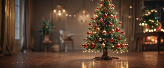 Ornate Christmas tree, glittering baubles, bokeh lights ,  celebration,  glow,  christmas background
