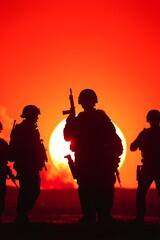 Fototapeta premium Silhouette of U.S. military soldiers standing in formation, captured in a powerful and realistic style.