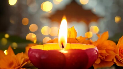 Diya lamp, bokeh, shrine marigolds, soft Hindu devotional glow