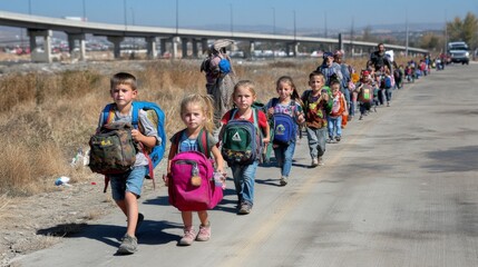 Group of young children walking in a line along a roadside with backpacks on a sunny day