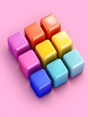 Obraz premium A group of nine colorful cubes arranged diagonally on a pink surface with a glossy and reflective finish
