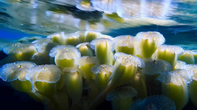 Aggregation of upside-down jellyfish under water, showing unique appearance and delicate texture in natural marine environment