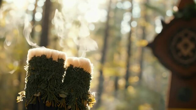 Sage bundle, bokeh, tribal totem light, indigenous spiritual smoke ritual
