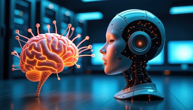 human brain placed on a table,  symbolizing a connection or data exchange between the brain and the robot inside a modern computer center, with several monitors and servers