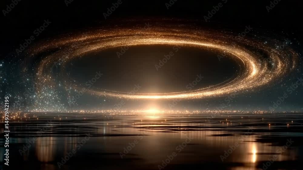 Poster celestial gateway: a mesmerizing cosmic panorama of celestial rings hovering above a serene body of 