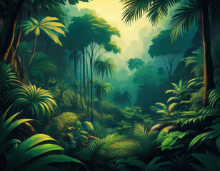 lush green jungle with trees and palm trees