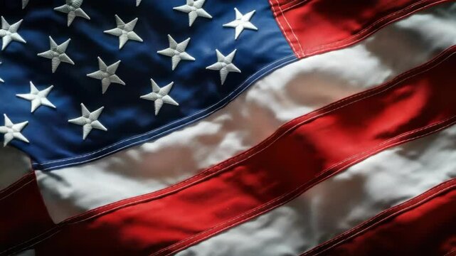 Close-up shot of the American flag featuring white stars on a blue background