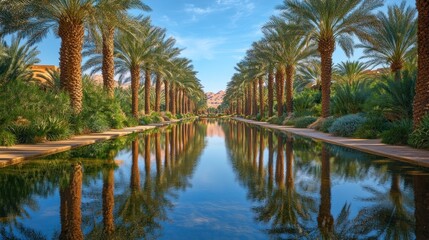Obraz premium Palm-lined canal reflecting desert mountains, serene oasis