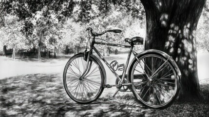 Obraz premium Vintage bicycle leaning against tree in park, grayscale
