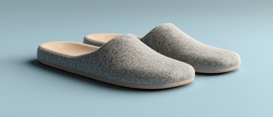 Two minimalist grey felt slippers on pale blue backdrop with light tan soles