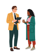 Two diverse business colleagues having a casual conversation. Man with clipboard and woman with coffee cup in smart casual attire. Flat vector illustration isolated on transparent background