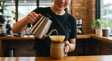 Barista Hand Pouring Drip Coffee into Handcrafted Mug, Natural Lighting with Coffee Shop Background&rdquo;