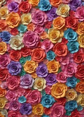 Colorful paper rose wall, various sizes & hues,  flower,  joyful