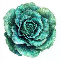 Fototapeta premium Detailed cabbage head with textured leaves, top view, isolated on white background