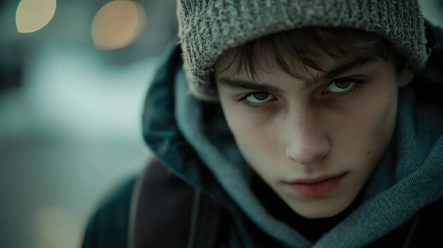 A young adult with a beanie on, looking directly at the camera