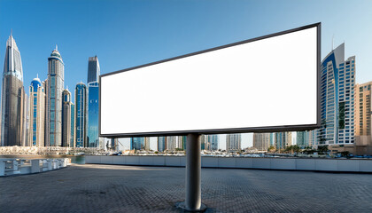 mock up of blank horizontal white advertising billboard in dubai with residential and office modern contemporary skyscrapers and sky behind