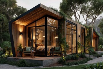 A modern wooden cabin nestled in a lush green forest, featuring large glass windows and a cozy interior, blending nature and contemporary design in tranquil retreat.