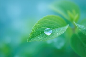 close-up shot of dewy green leaf with single water droplet