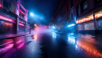 Obraz premium a moody urban street at night with wet asphalt illuminated by vivid neon lights soft smoke drifting through the air and a searchlight casting a faint glow