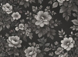 Subtle charcoal floral wallpaper, vintage-inspired delicate blooms and leaves , subtle, plant