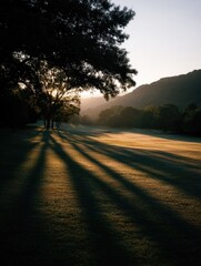 Park bathed in the warm, golden light of a setting sun