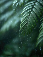 Heavy tropical rain falling on lush green foliage