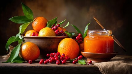 A bowl of oranges, oranges and berries next to a jar of jam