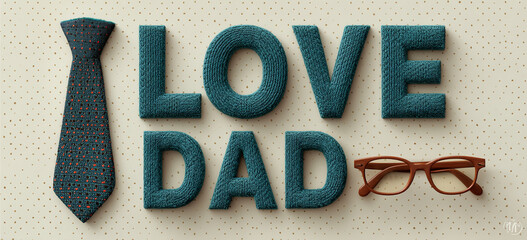 Father's Day card with 'I LOVE YOU DAD' text formed by a blue tie and glasses on a light dotted background, ideal for flat design greetings.