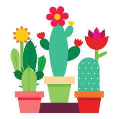 Colorful Potted Plants Illustration Featuring Cactus and Flowers