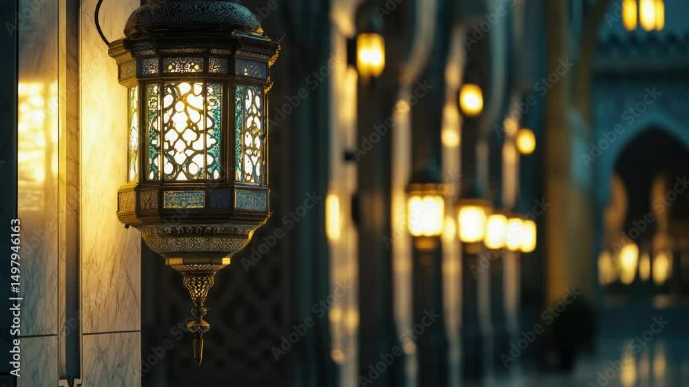 Poster a lantern hanging from the side of a building provides soft light