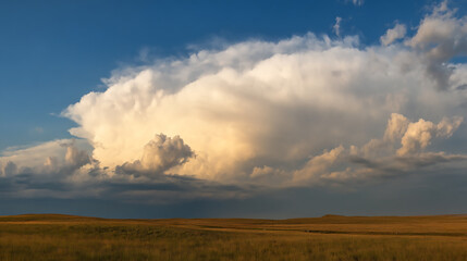 Dramatic cumulus clouds over golden prairie landscape sunset sky