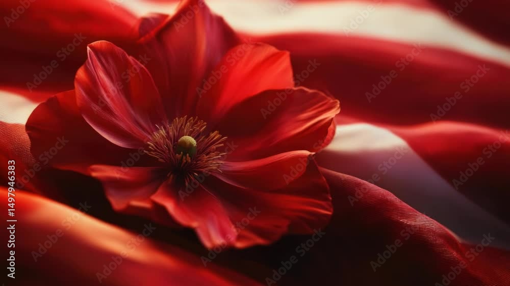 Poster a single red flower sits atop a red cloth, ideal for use as a decorative element or symbol