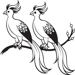 Artistic bird illustration showing pair of roosters with dynamic tails in monochrome style