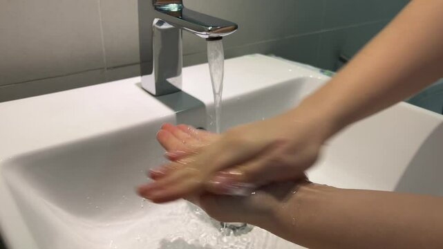 dry your hands with a towel in the bathroom woman washing hand on basin bathroom and Look at mirror. 