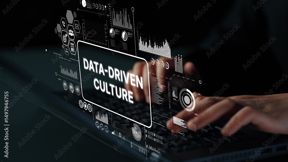 Poster Data-Driven Culture Concept with Technology and Analytics in Dark Background with Hands on Keyboard. Asymptotic smart data analytic.