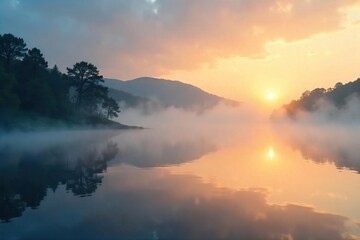 Fototapeta premium Misty morning on the Bay, fog rolling in over calm water, sun peeking through Perfect serenity and stillness , haze, calm, bay area