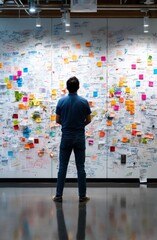 A person stands thoughtfully in front of a vibrant wall covered in colorful sticky notes and handwritten ideas, embodying the essence of collaboration and creativity in brainstorming.