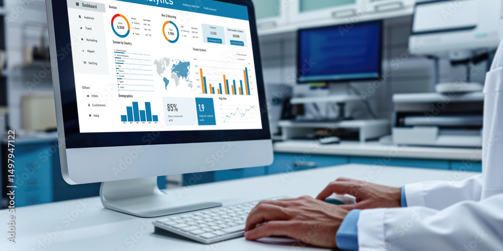 Poster computer software for website traffic analytics data on computer screen. concept of seo search engin