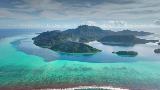 Aerial view of mount Otemanu and the surrounding islands, featuring a lagoon with vibrant turquoise and blue hues, lush green vegetation, and a coral reef visible beneath the surface