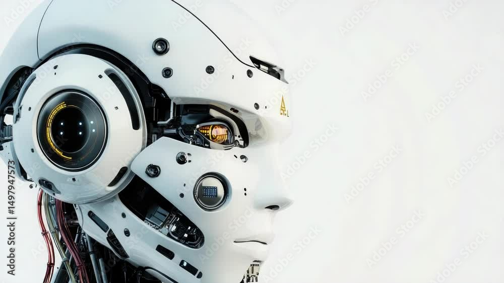 Poster a close-up shot of a robot's face wearing a pair of headphones, suitable for use in technology and r