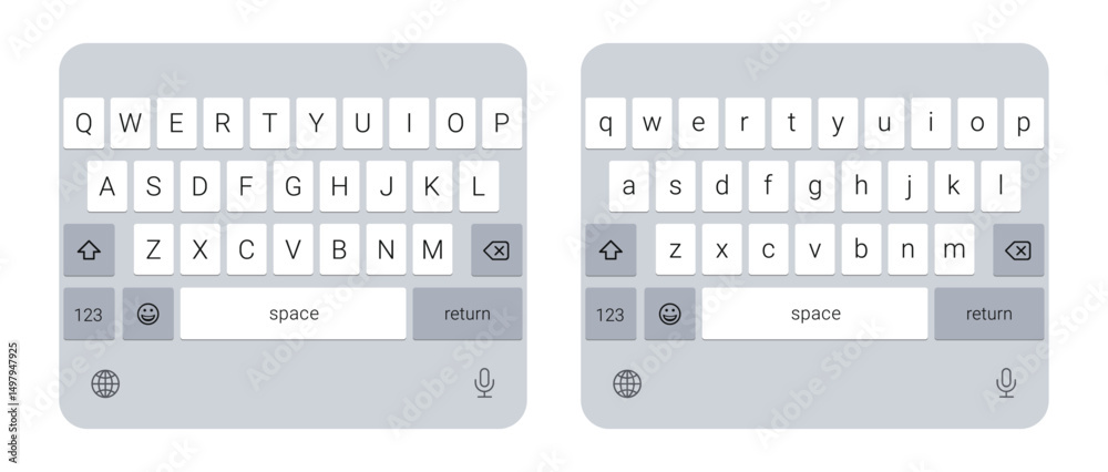 Wall mural virtual mobile keyboard layout vector with uppercase and lowercase keys on a transparent background,