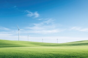 gently rolling fields dotted with wind turbines under vast blue sky