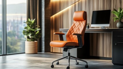 Fototapeta premium Modern Orange Leather Office Chair in a Stylish Workspace