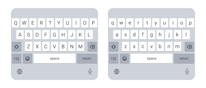 Virtual mobile keyboard layout vector with uppercase and lowercase keys on a transparent background, touchscreen typing interface for smartphone UI design
