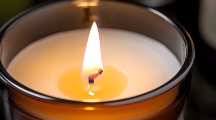 Amber Glass Candle Burning Brightly, Close Up