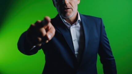 Man in suit pointing aggressively at camera with green screen background.